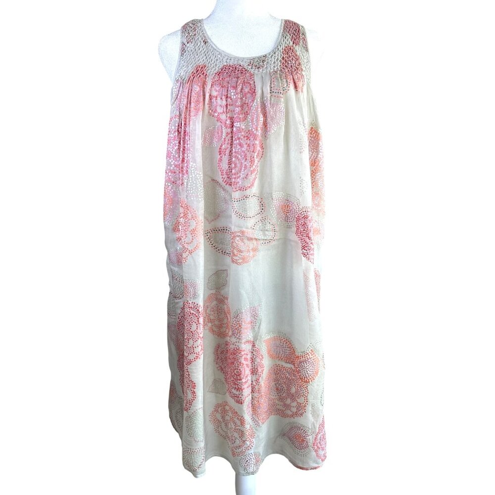 Catherine‎ MaLendrino Size 8 Silk Dress Lined Smocked Shift Flow Boho Gray Coral